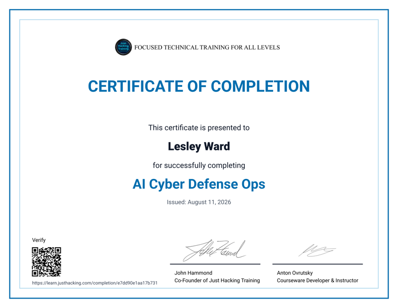 AI Cyber Defense Ops Certificate of Completion